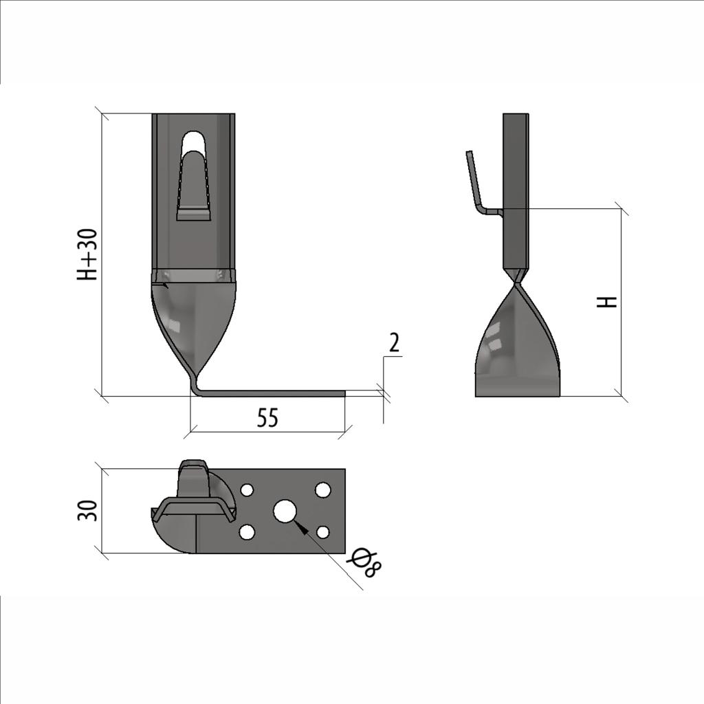 Угловой держатель зажимной скрученный для прутка Ø 5-8 мм H70 мм INOX304