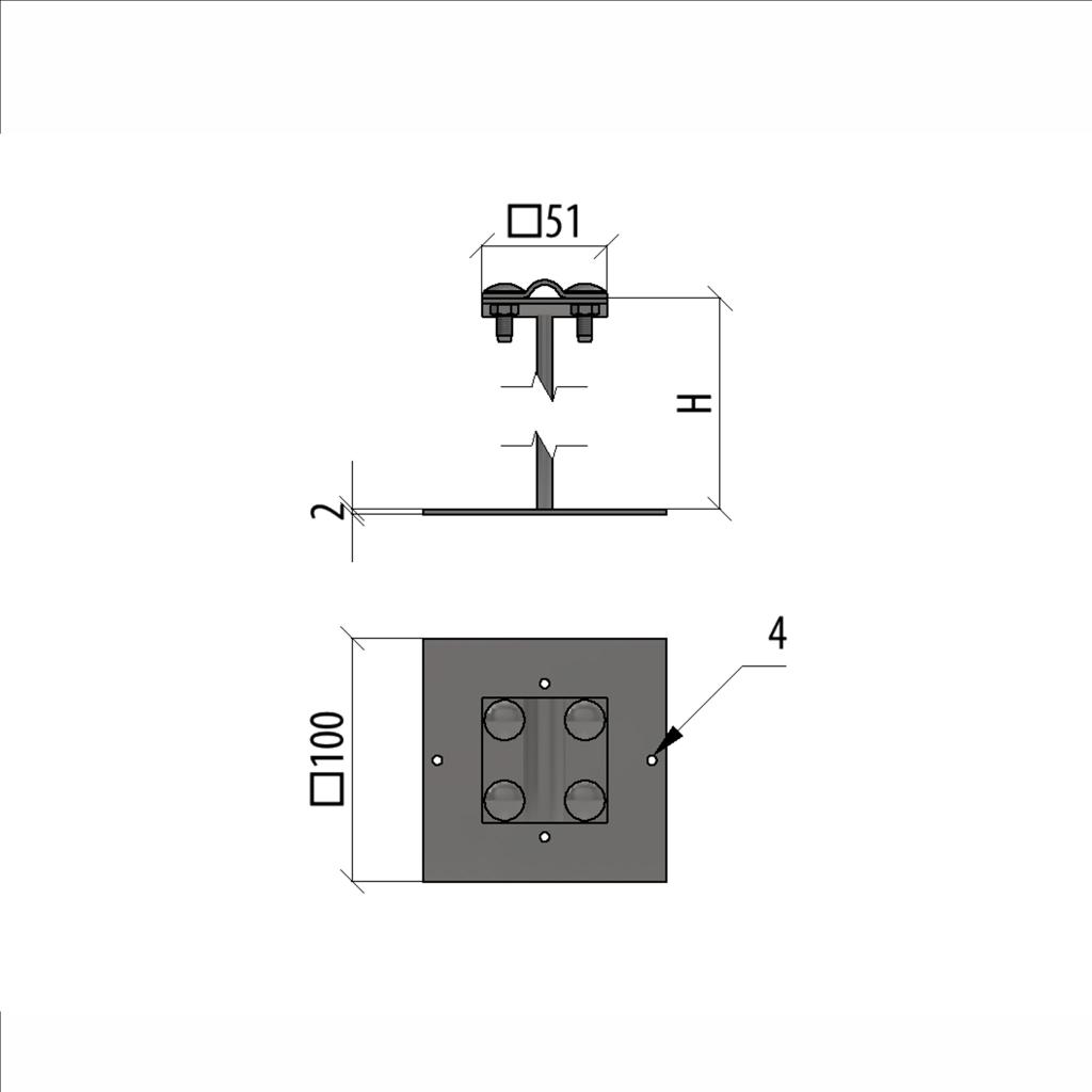 Приклееваемый держатель с крестообразным соединителем для прутка Ø 5-12 мм и полосы до 20 мм H150 мм
