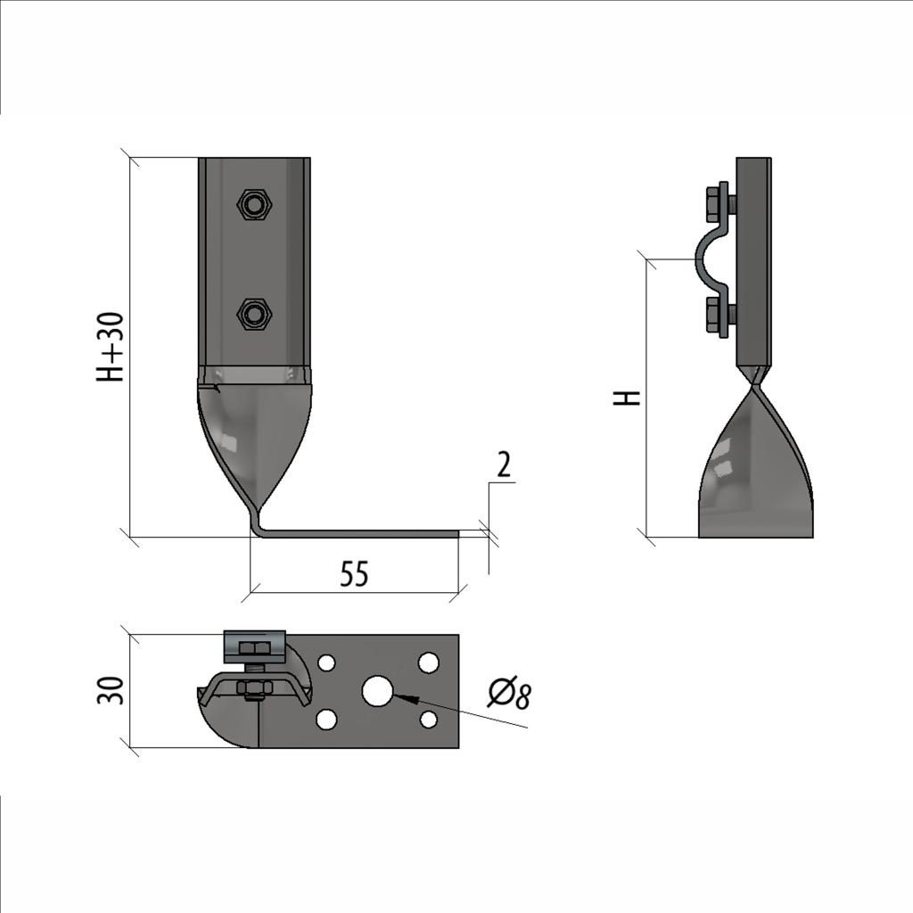 Угловой держатель болтовой скрученный для прутка Ø 5-10 мм H140 мм INOX304